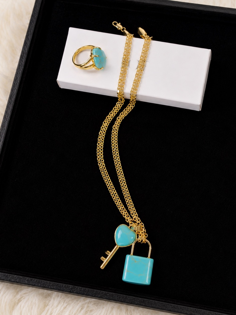 Gold Turquoise Key & Padlock Necklace and Ring Set